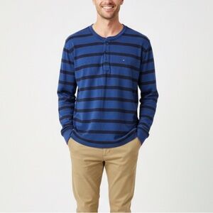 Tommy Hilfiger Striped Henley XXL Navy Blue Casual Preppy Comfort Dadcore